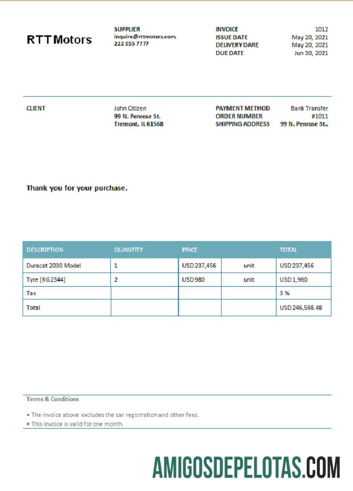 Fatura da RTT Motors dos EUA baixar para verificação